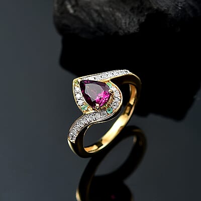 D'Joy AAA Radiant Ember Garnet, AAA Paraiba Tourmaline and Diamond 1.70 ctw Dewdrop Ring in 18K Vermeil Yellow Gold Over Sterling Silver (Size 10.0)