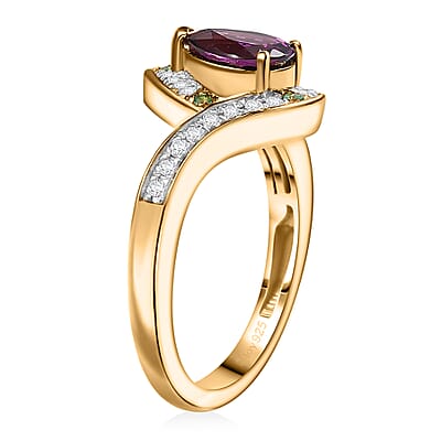 D'Joy AAA Radiant Ember Garnet, AAA Paraiba Tourmaline and Diamond 1.70 ctw Dewdrop Ring in 18K Vermeil Yellow Gold Over Sterling Silver (Size 10.0)