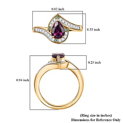 D'Joy AAA Radiant Ember Garnet, AAA Paraiba Tourmaline and Diamond 1.70 ctw Dewdrop Ring in 18K Vermeil Yellow Gold Over Sterling Silver (Size 10.0)
