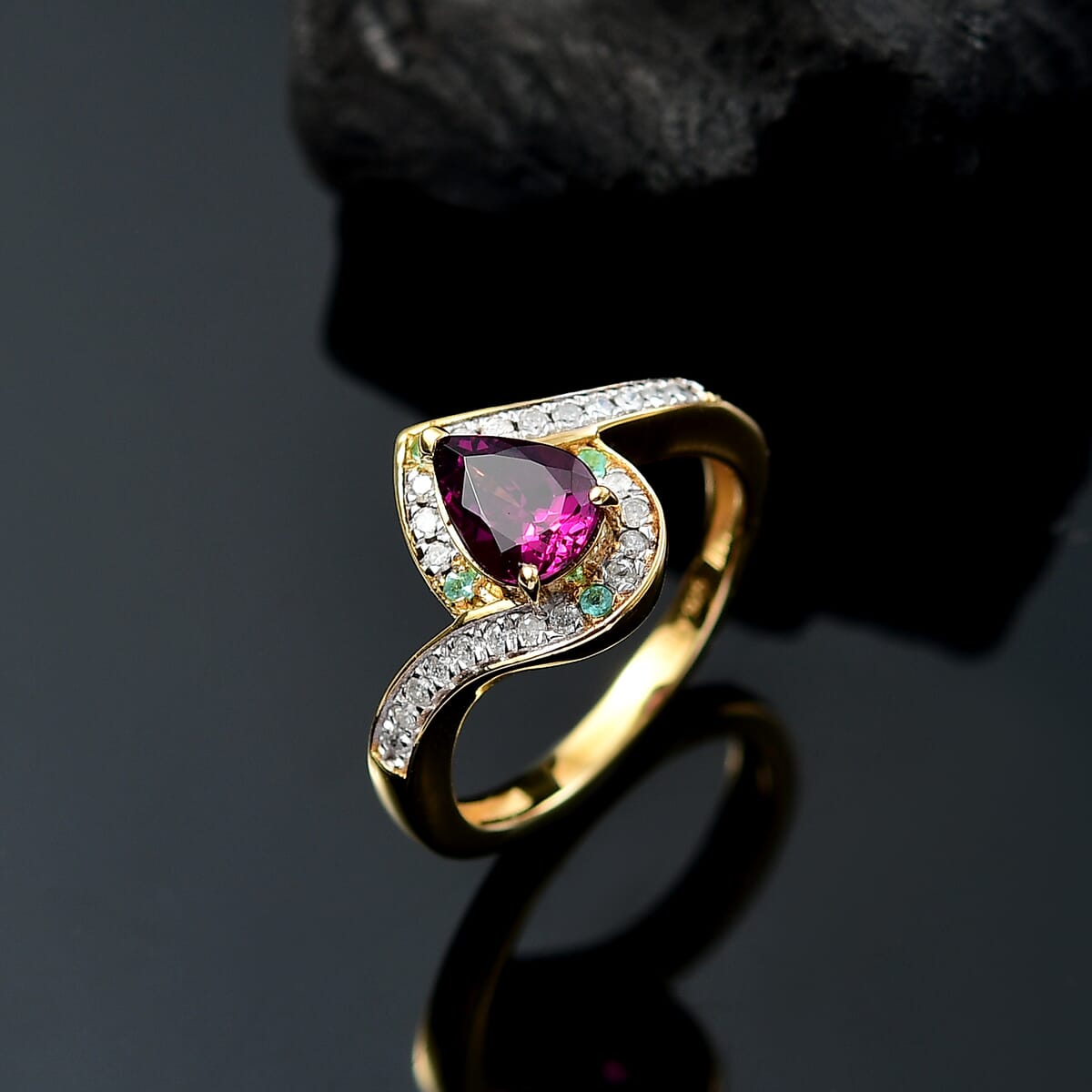 D'Joy AAA Radiant Ember Garnet, AAA Paraiba Tourmaline and Diamond 1.70 ctw Dewdrop Ring in 18K Vermeil Yellow Gold Over Sterling Silver (Size 6.0) image number 1