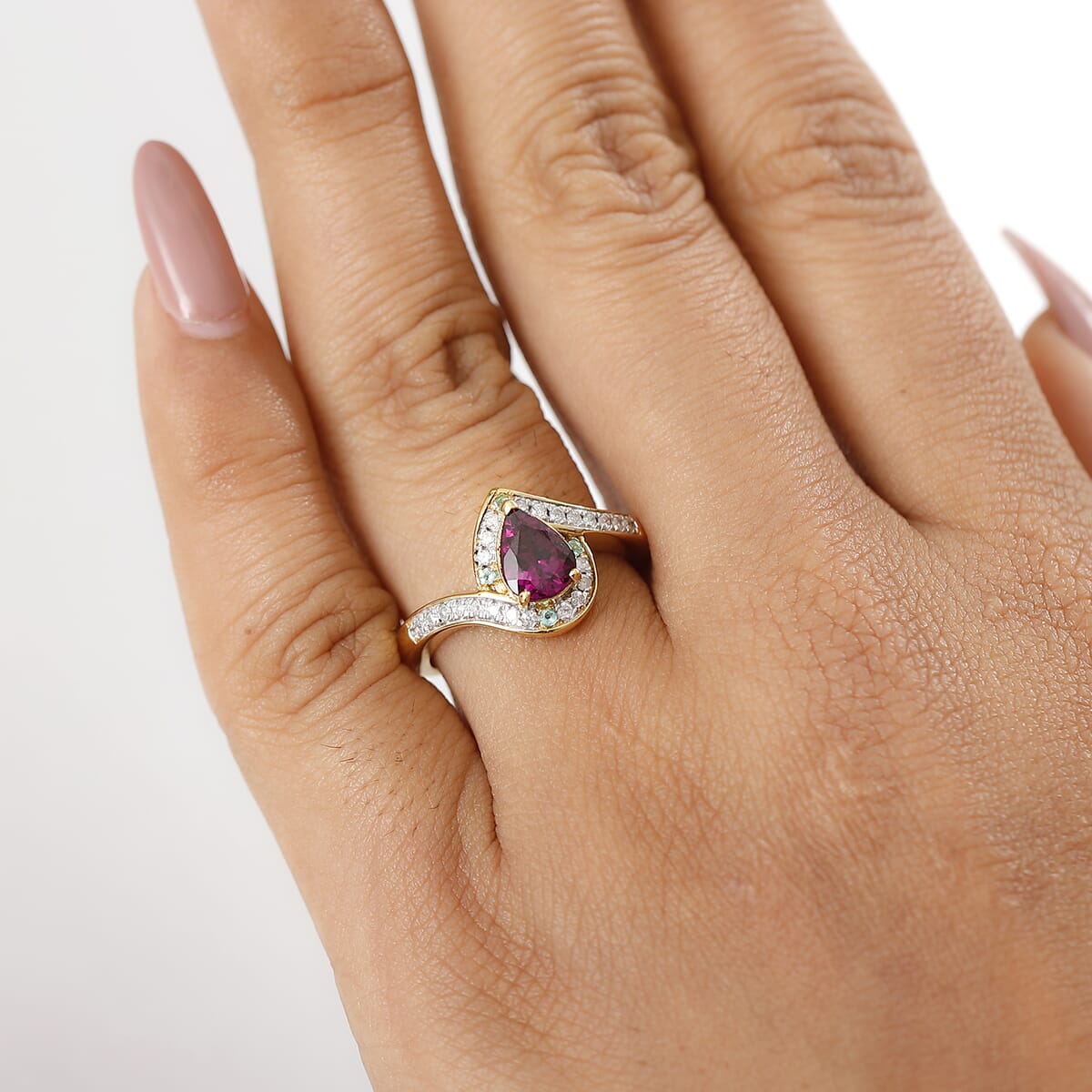 D'Joy AAA Radiant Ember Garnet, AAA Paraiba Tourmaline and Diamond 1.70 ctw Dewdrop Ring in 18K Vermeil Yellow Gold Over Sterling Silver (Size 6.0) image number 2