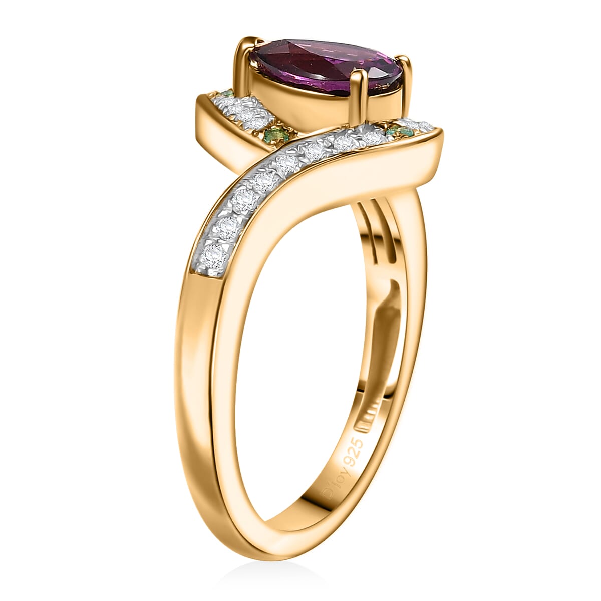 D'Joy AAA Radiant Ember Garnet, AAA Paraiba Tourmaline and Diamond 1.70 ctw Dewdrop Ring in 18K Vermeil Yellow Gold Over Sterling Silver (Size 6.0) image number 3