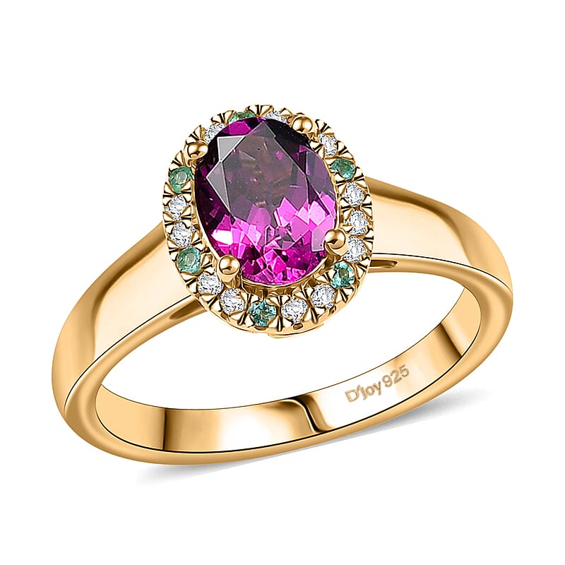 D'Joy AAA Radiant Ember Garnet, AAA Paraiba Tourmaline and Diamond 1.80 ctw Dewdrop Ring in 18K Vermeil Yellow Gold Over Sterling Silver (Size 10.0)