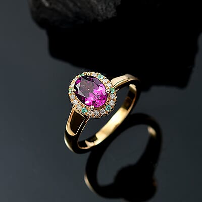 D'Joy AAA Radiant Ember Garnet, AAA Paraiba Tourmaline and Diamond 1.80 ctw Dewdrop Ring in 18K Vermeil Yellow Gold Over Sterling Silver (Size 10.0)