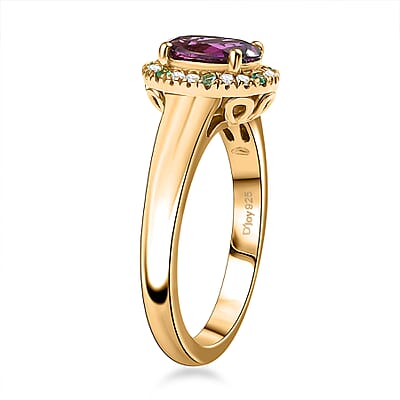 D'Joy AAA Radiant Ember Garnet, AAA Paraiba Tourmaline and Diamond 1.80 ctw Dewdrop Ring in 18K Vermeil Yellow Gold Over Sterling Silver (Size 10.0)