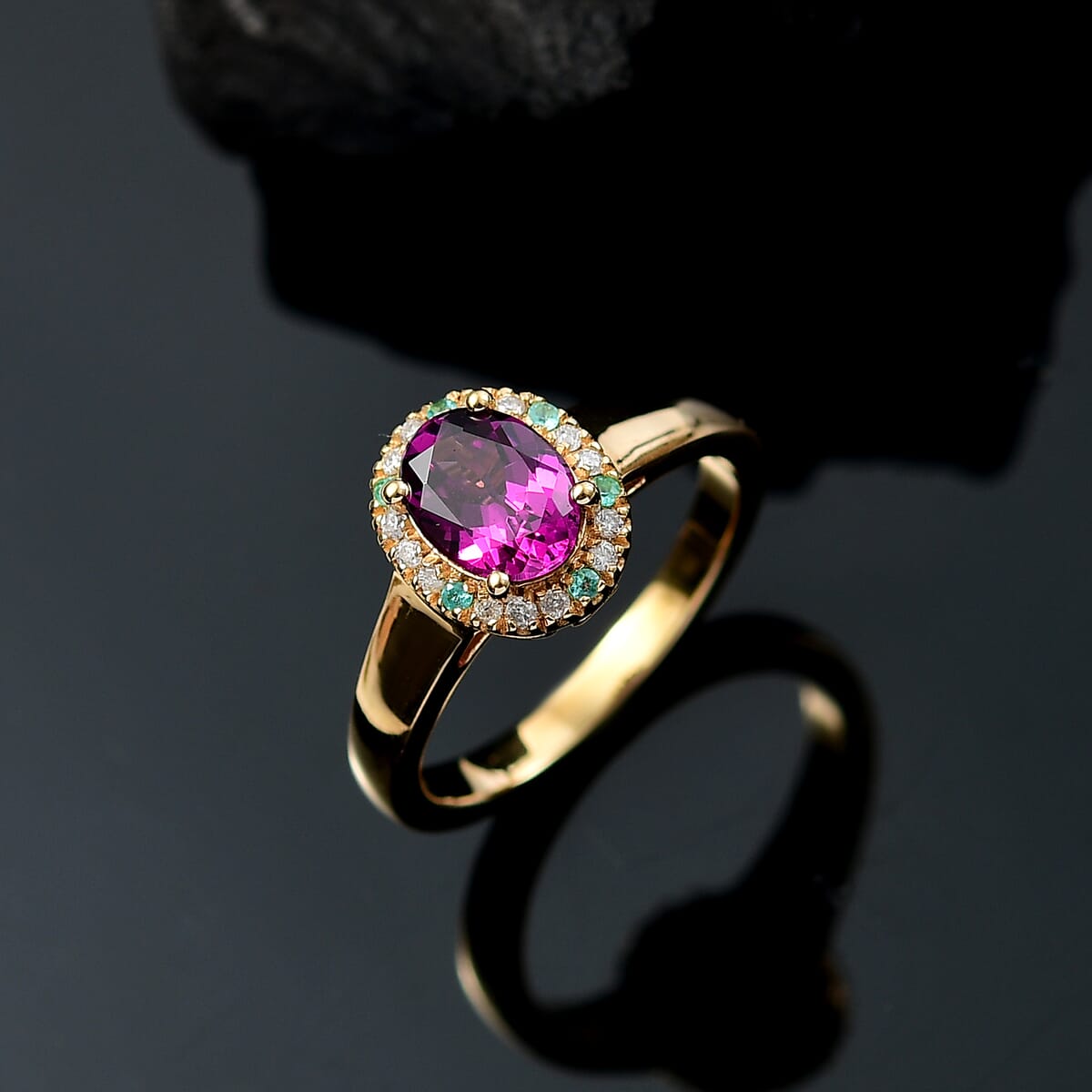 D'Joy AAA Radiant Ember Garnet, AAA Paraiba Tourmaline and Diamond 1.80 ctw Dewdrop Ring in 18K Vermeil Yellow Gold Over Sterling Silver (Size 6.0) image number 1