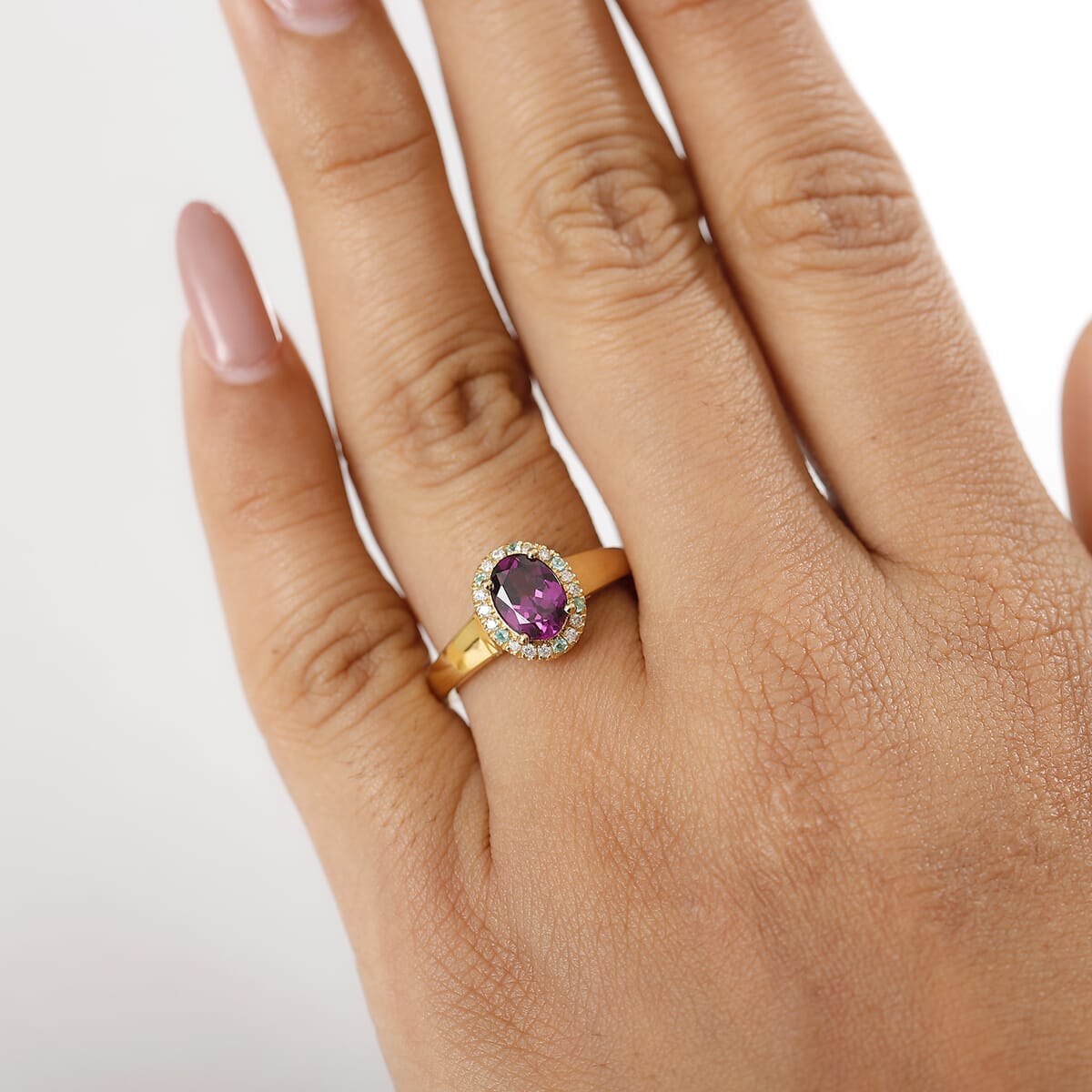 D'Joy AAA Radiant Ember Garnet, AAA Paraiba Tourmaline and Diamond 1.80 ctw Dewdrop Ring in 18K Vermeil Yellow Gold Over Sterling Silver (Size 6.0) image number 2