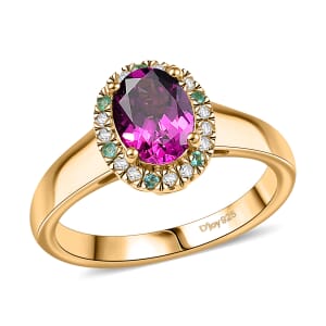 D'Joy AAA Radiant Ember Garnet, AAA Paraiba Tourmaline and Diamond 1.80 ctw Dewdrop Ring in 18K Vermeil Yellow Gold Over Sterling Silver (Size 7.0) (Del. In 12-15 Days)