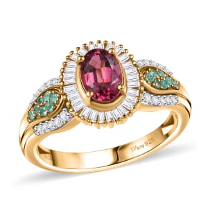 D'Joy Premium Ouro Fino Rubellite, AAA Paraiba Tourmaline and Diamond 1.50 ctw Halo Ring in 18K Vermeil Yellow Gold Over Sterling Silver (Size 6.0)