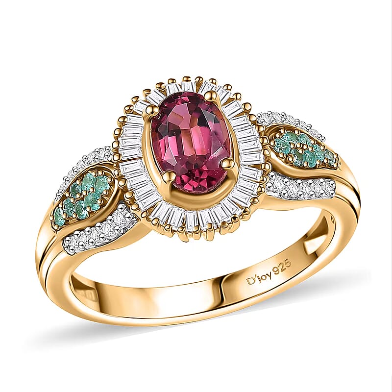 D'Joy Premium Ouro Fino Rubellite, AAA Paraiba Tourmaline and Diamond 1.50 ctw Halo Ring in 18K Vermeil Yellow Gold Over Sterling Silver (Size 6.0)