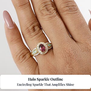 D'Joy Premium Ouro Fino Rubellite, AAA Paraiba Tourmaline and Diamond 1.50 ctw Halo Ring in 18K Vermeil Yellow Gold Over Sterling Silver (Size 6.0)