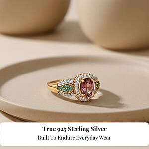 D'Joy Premium Ouro Fino Rubellite, AAA Paraiba Tourmaline and Diamond 1.50 ctw Halo Ring in 18K Vermeil Yellow Gold Over Sterling Silver (Size 6.0)