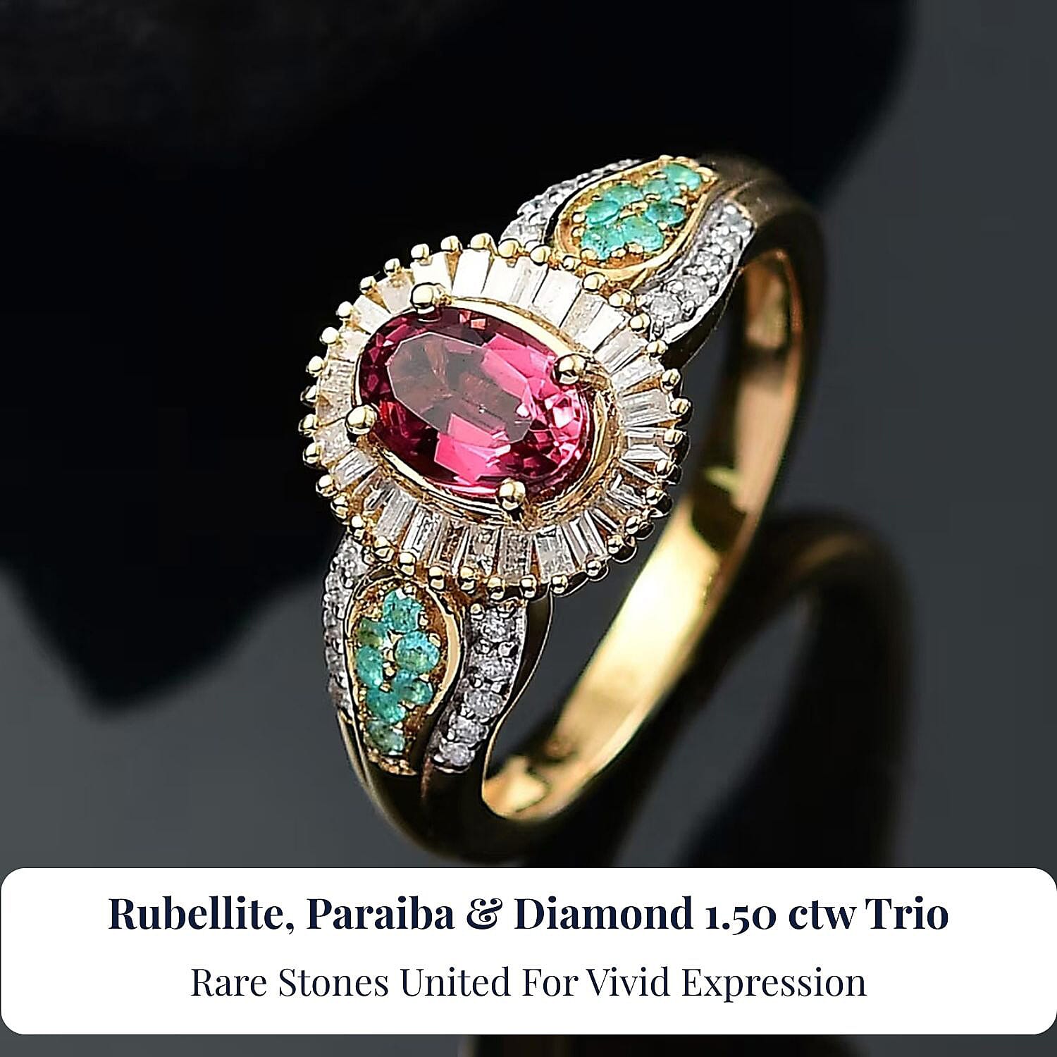 D'Joy Premium Ouro Fino Rubellite, AAA Paraiba Tourmaline and Diamond 1.50 ctw Halo Ring in 18K Vermeil Yellow Gold Over Sterling Silver (Size 6.0)
