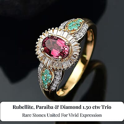 D'Joy Premium Ouro Fino Rubellite, AAA Paraiba Tourmaline and Diamond 1.50 ctw Halo Ring in 18K Vermeil Yellow Gold Over Sterling Silver (Size 6.0)