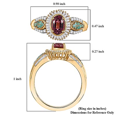 D'Joy Premium Ouro Fino Rubellite, AAA Paraiba Tourmaline and Diamond 1.50 ctw Halo Ring in 18K Vermeil Yellow Gold Over Sterling Silver (Size 6.0)