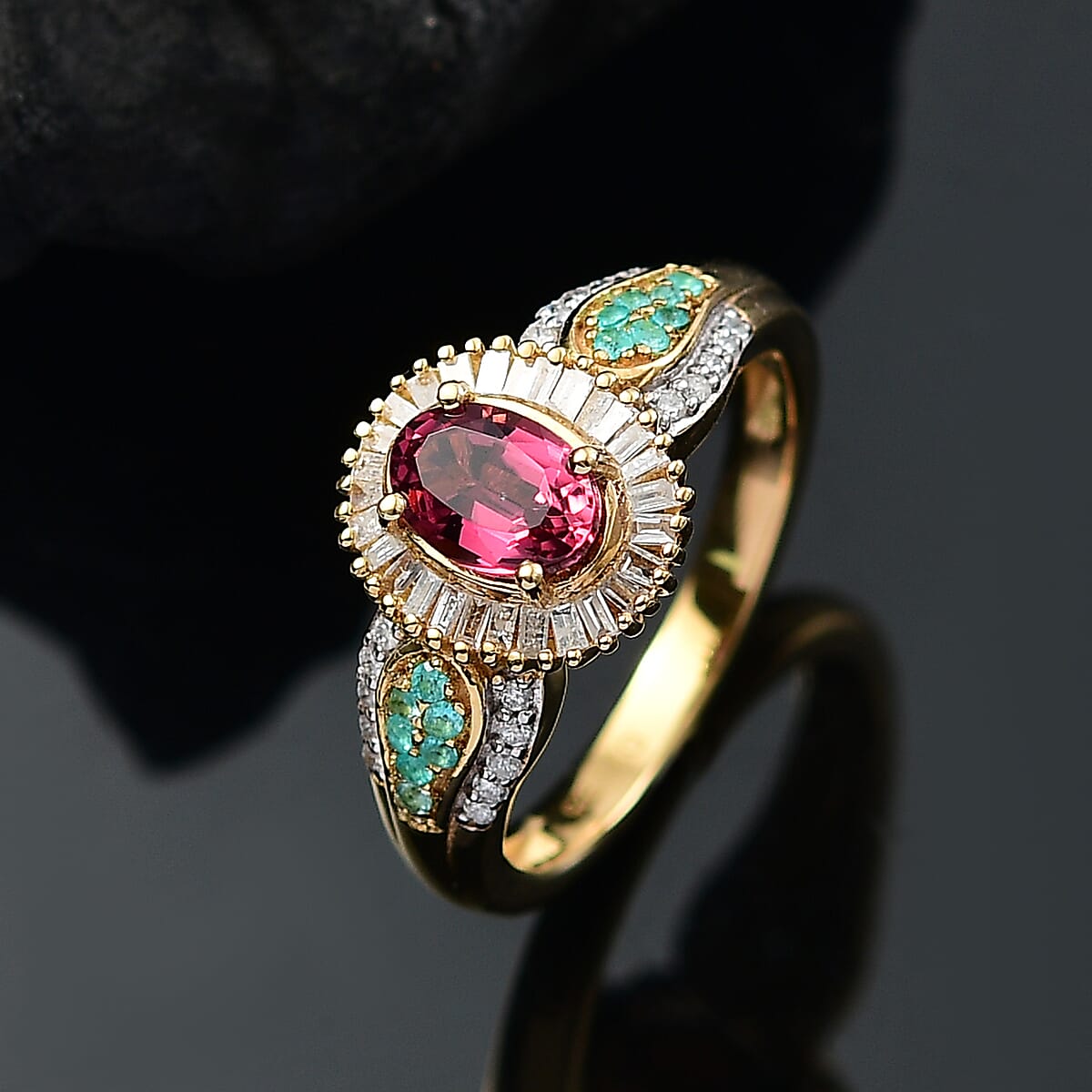 D'Joy Premium Ouro Fino Rubellite, AAA Paraiba Tourmaline and Diamond 1.50 ctw Halo Ring in 18K Vermeil Yellow Gold Over Sterling Silver (Size 7.0) image number 1