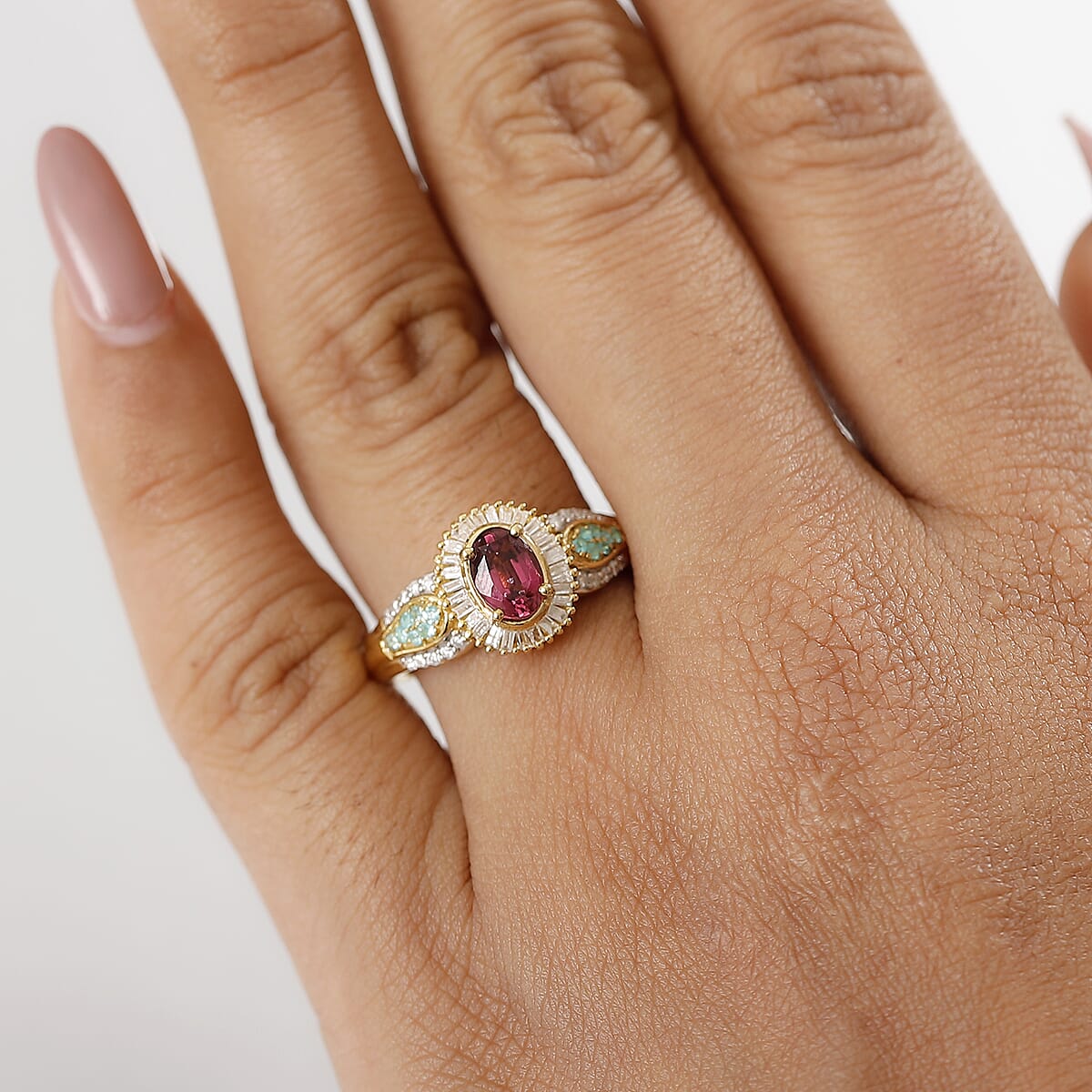D'Joy Premium Ouro Fino Rubellite, AAA Paraiba Tourmaline and Diamond 1.50 ctw Halo Ring in 18K Vermeil Yellow Gold Over Sterling Silver (Size 7.0) image number 2