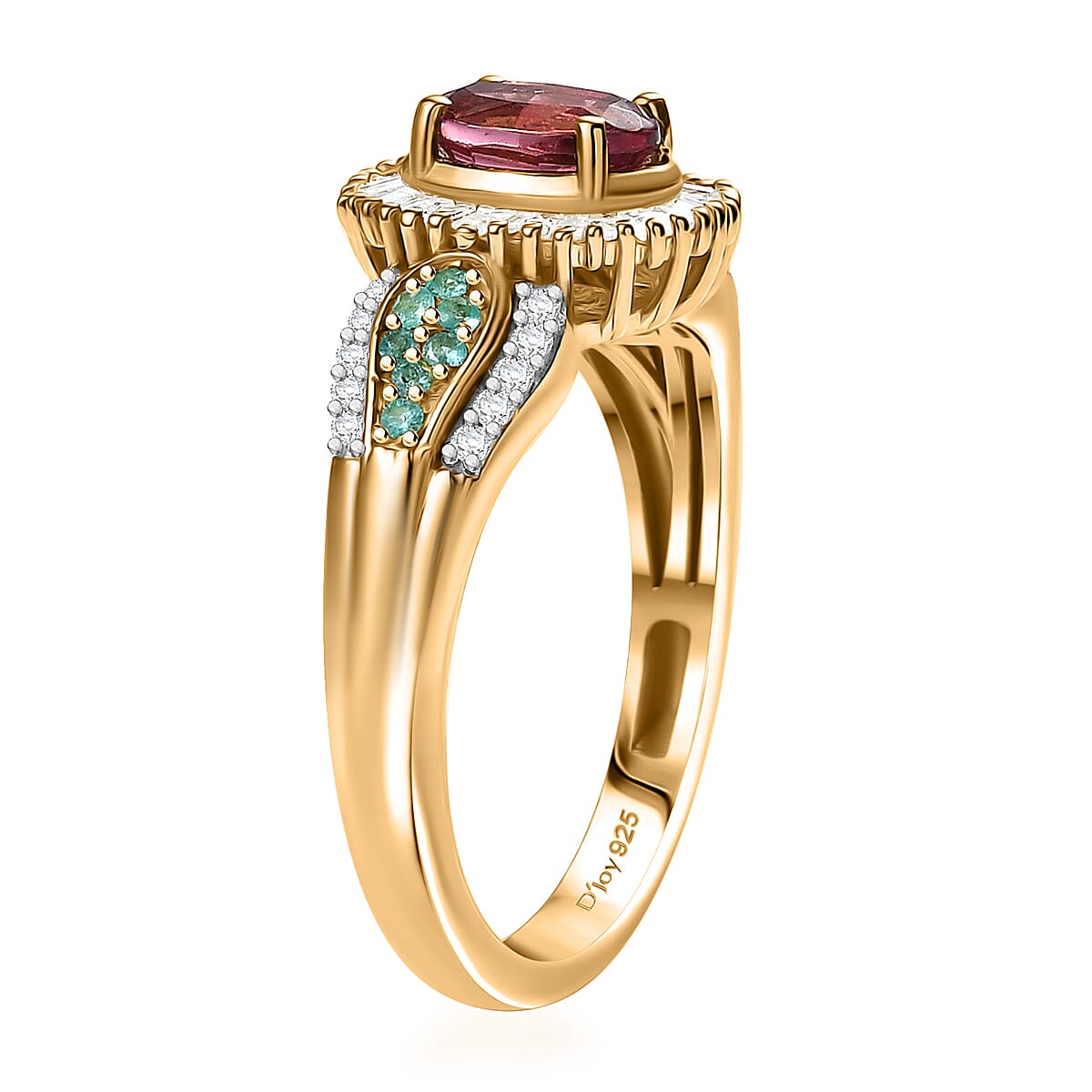 D'Joy Premium Ouro Fino Rubellite, AAA Paraiba Tourmaline and Diamond 1.50 ctw Halo Ring in 18K Vermeil Yellow Gold Over Sterling Silver (Size 7.0) image number 3