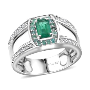 D'Joy Premium Kagem Zambian Emerald, AAA Paraiba Tourmaline and White Zircon 1.75 ctw Ring in Rhodium Over Sterling Silver (Size 10.0)