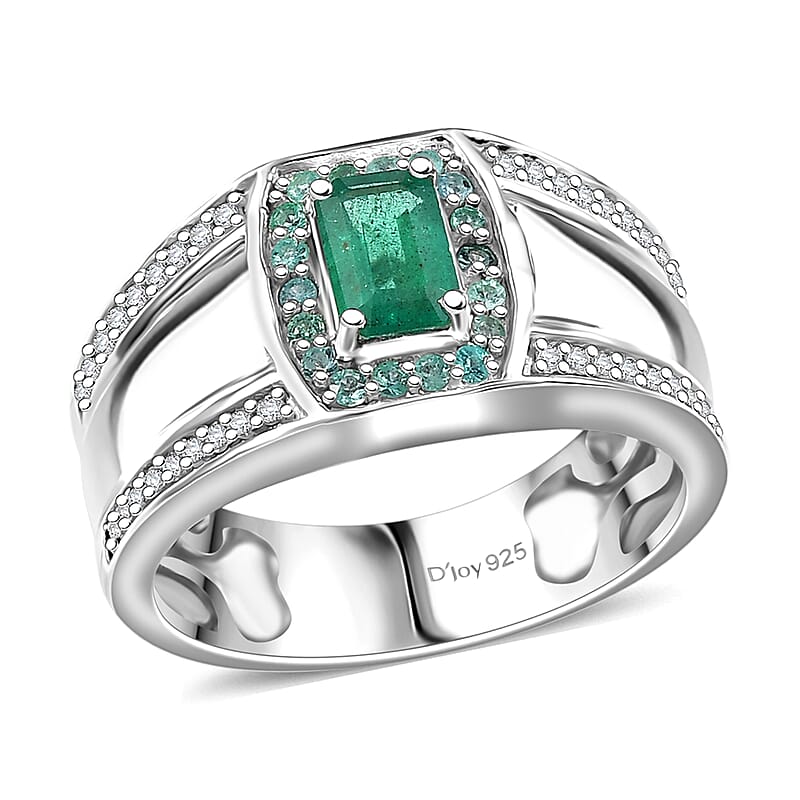 D'Joy Premium Kagem Zambian Emerald, AAA Paraiba Tourmaline and White Zircon 1.75 ctw Ring in Rhodium Over Sterling Silver (Size 10.0)