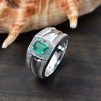 D'Joy Premium Kagem Zambian Emerald, AAA Paraiba Tourmaline and White Zircon 1.75 ctw Ring in Rhodium Over Sterling Silver (Size 10.0)
