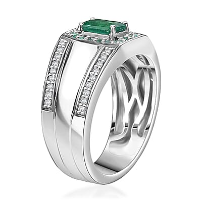 D'Joy Premium Kagem Zambian Emerald, AAA Paraiba Tourmaline and White Zircon 1.75 ctw Ring in Rhodium Over Sterling Silver (Size 10.0)