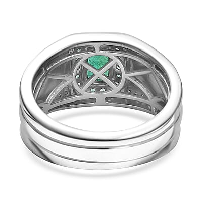 D'Joy Premium Kagem Zambian Emerald, AAA Paraiba Tourmaline and White Zircon 1.75 ctw Ring in Rhodium Over Sterling Silver (Size 10.0)