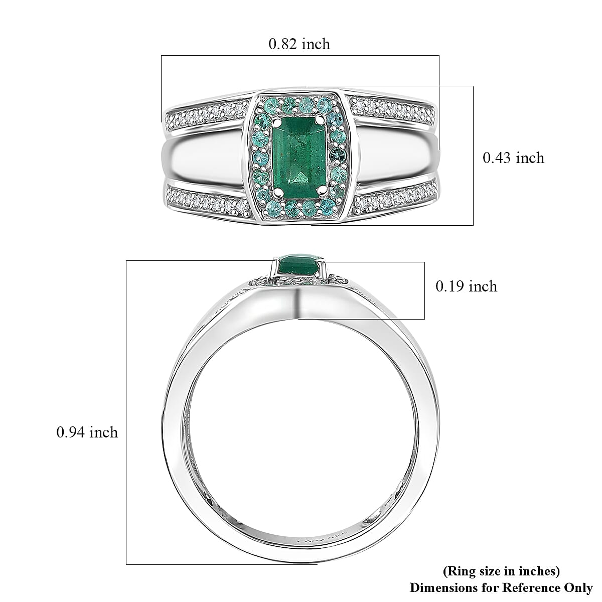 D'Joy Premium Kagem Zambian Emerald, AAA Paraiba Tourmaline and White Zircon 1.75 ctw Ring in Rhodium Over Sterling Silver (Size 10.0)