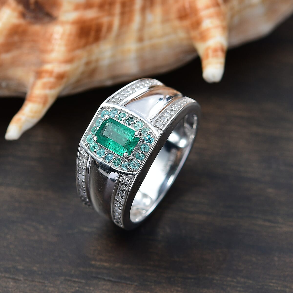 D'Joy Premium Kagem Zambian Emerald, AAA Paraiba Tourmaline and White Zircon 1.75 ctw Ring in Rhodium Over Sterling Silver (Size 9.0) image number 1