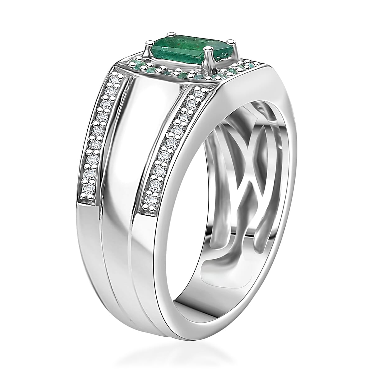 D'Joy Premium Kagem Zambian Emerald, AAA Paraiba Tourmaline and White Zircon 1.75 ctw Ring in Rhodium Over Sterling Silver (Size 9.0) image number 3