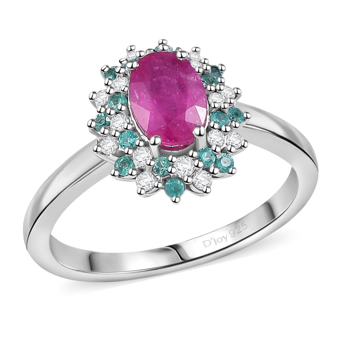 Mozambique Ruby, AAA Paraiba Tourmaline and I3 Diamond 1.30 ctw Ring in Rhodium Over Sterling Silver (Size 10.0) image number 0