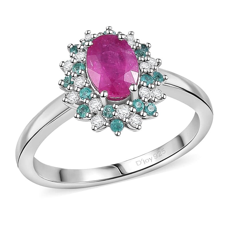 Mozambique Ruby, AAA Paraiba Tourmaline and I3 Diamond 1.30 ctw Ring in Rhodium Over Sterling Silver (Size 10.0)