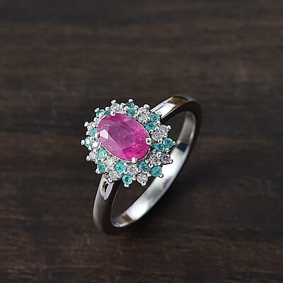 Mozambique Ruby, AAA Paraiba Tourmaline and I3 Diamond 1.30 ctw Ring in Rhodium Over Sterling Silver (Size 10.0)