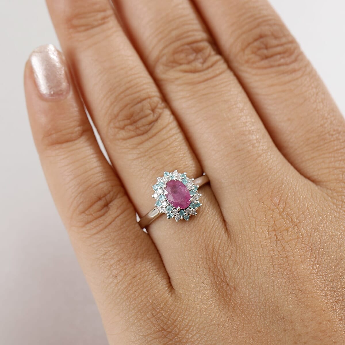 Mozambique Ruby, AAA Paraiba Tourmaline and I3 Diamond 1.30 ctw Ring in Rhodium Over Sterling Silver (Size 10.0) image number 2