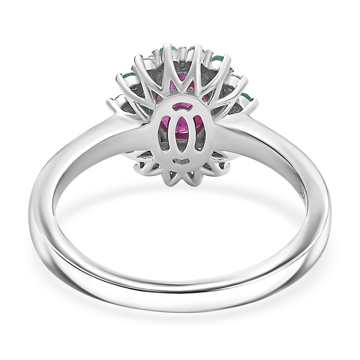 Mozambique Ruby, AAA Paraiba Tourmaline and I3 Diamond 1.30 ctw Ring in Rhodium Over Sterling Silver (Size 10.0) image number 4