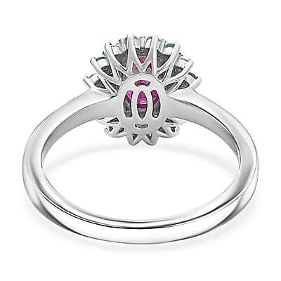 Mozambique Ruby, AAA Paraiba Tourmaline and I3 Diamond 1.30 ctw Ring in Rhodium Over Sterling Silver (Size 10.0)