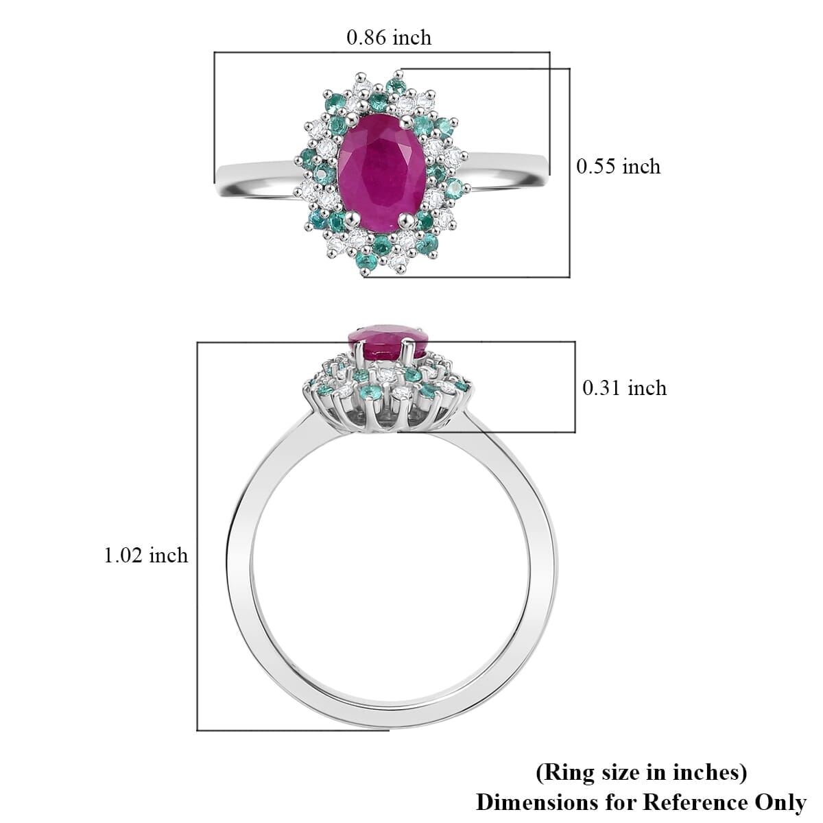 Mozambique Ruby, AAA Paraiba Tourmaline and I3 Diamond 1.30 ctw Ring in Rhodium Over Sterling Silver (Size 10.0) image number 5