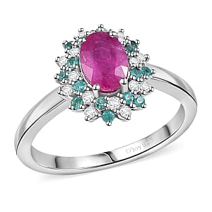 D'Joy Mozambique Ruby, AAA Paraiba Tourmaline and I3 Diamond 1.30 ctw Floral Ring in Rhodium Over Sterling Silver (Size 6.0)