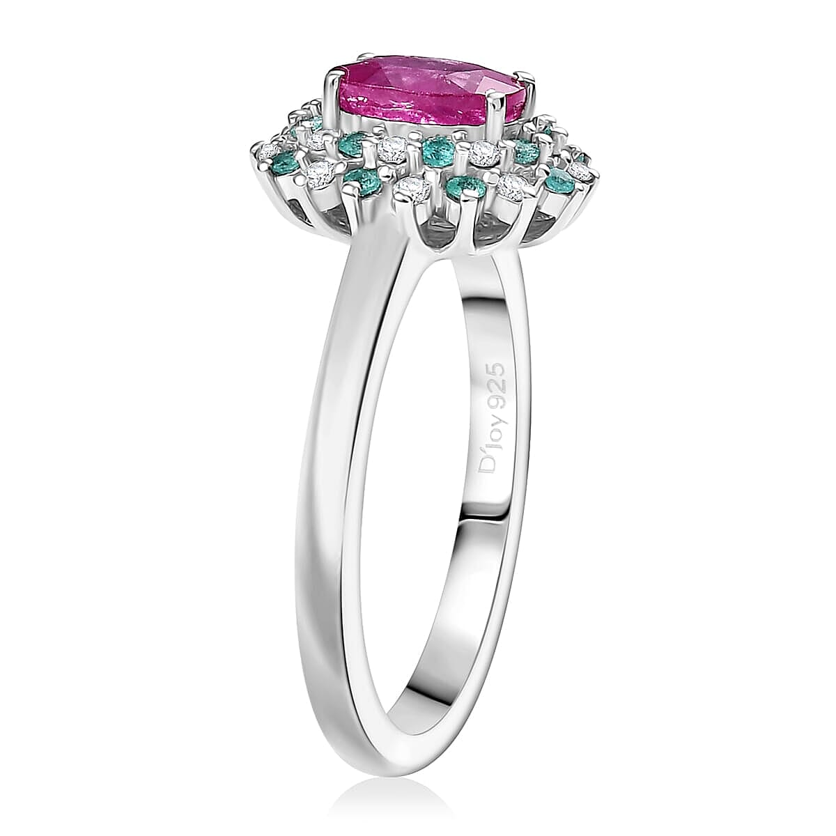 D'Joy Mozambique Ruby, AAA Paraiba Tourmaline and I3 Diamond 1.30 ctw Floral Ring in Rhodium Over Sterling Silver (Size 6.0) image number 3