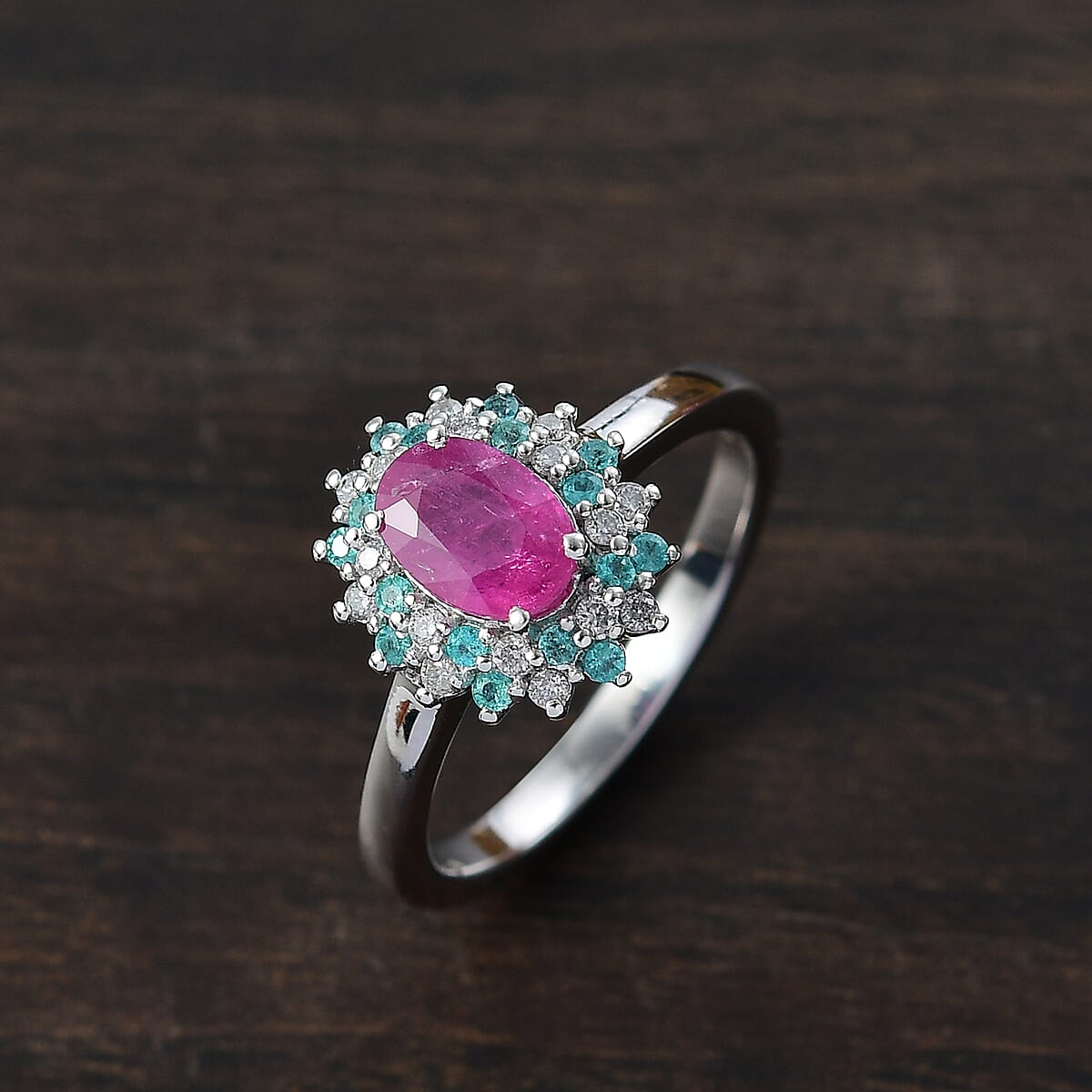 D'Joy Mozambique Ruby, AAA Paraiba Tourmaline and I3 Diamond 1.30 ctw Floral Ring in Rhodium Over Sterling Silver (Size 9.0) image number 1
