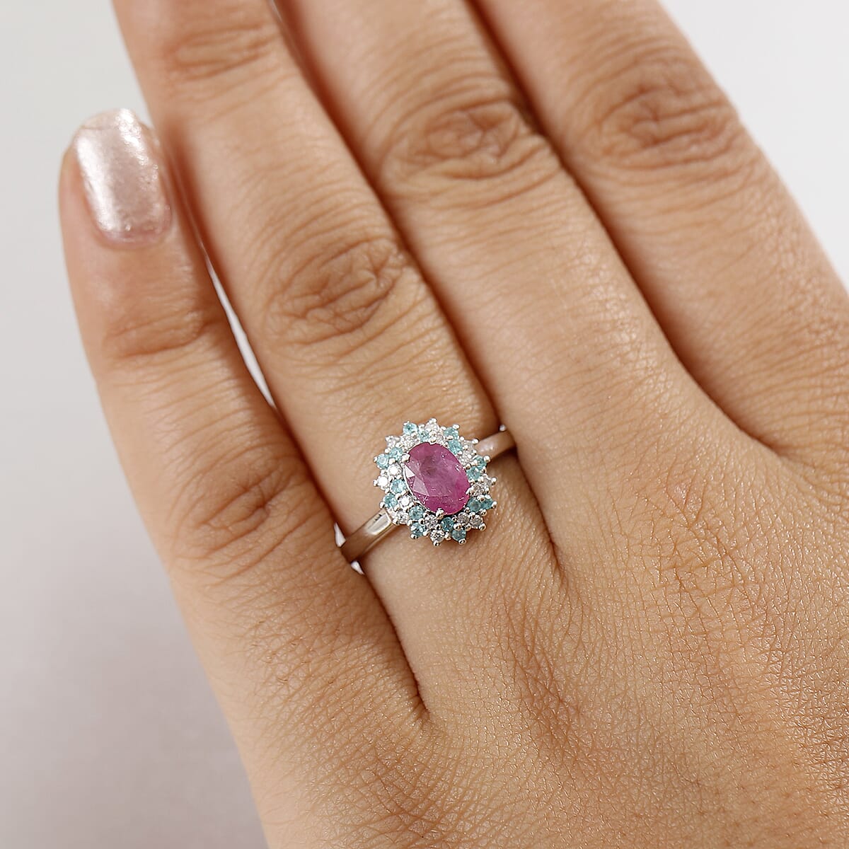 D'Joy Mozambique Ruby, AAA Paraiba Tourmaline and I3 Diamond 1.30 ctw Floral Ring in Rhodium Over Sterling Silver (Size 9.0) image number 2