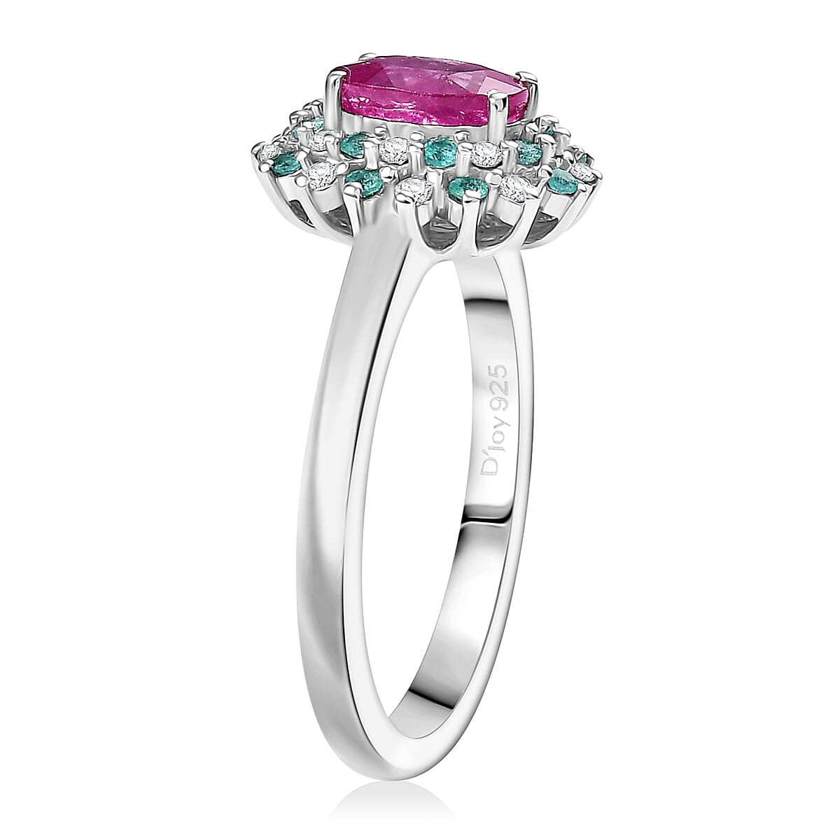 D'Joy Mozambique Ruby, AAA Paraiba Tourmaline and I3 Diamond 1.30 ctw Floral Ring in Rhodium Over Sterling Silver (Size 9.0) image number 3