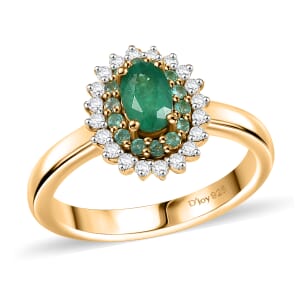 D'Joy Premium Kagem Zambian Emerald, AAA Paraiba Tourmaline and Diamond 0.80 ctw Double Halo Ring in 18K Vermeil Yellow Gold Over Sterling Silver (Size 10.0)