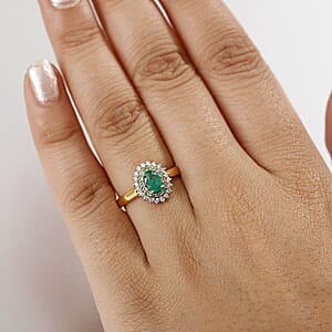 D'Joy Premium Kagem Zambian Emerald, AAA Paraiba Tourmaline and Diamond 0.80 ctw Double Halo Ring in 18K Vermeil Yellow Gold Over Sterling Silver (Size 7.0)