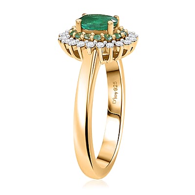 D'Joy Premium Kagem Zambian Emerald, AAA Paraiba Tourmaline and Diamond 0.80 ctw Double Halo Ring in 18K Vermeil Yellow Gold Over Sterling Silver (Size 7.0)