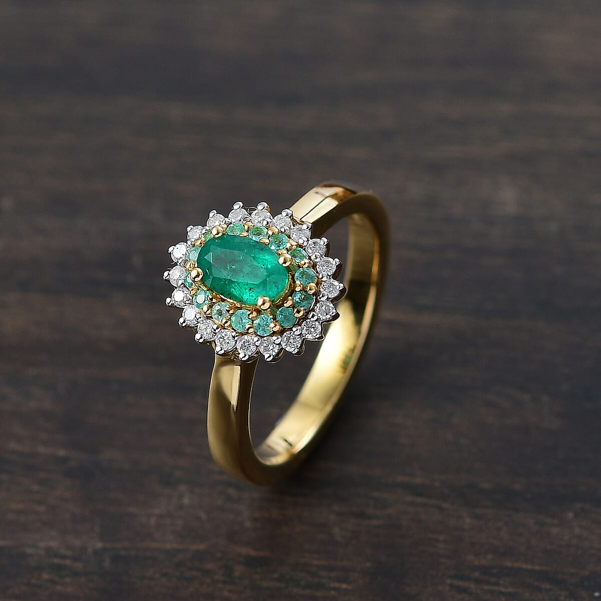 D'Joy Premium Kagem Zambian Emerald, AAA Paraiba Tourmaline and Diamond 0.80 ctw Double Halo Ring in 18K Vermeil Yellow Gold Over Sterling Silver (Size 8.0) (Del. In 12-15 Days) image number 1