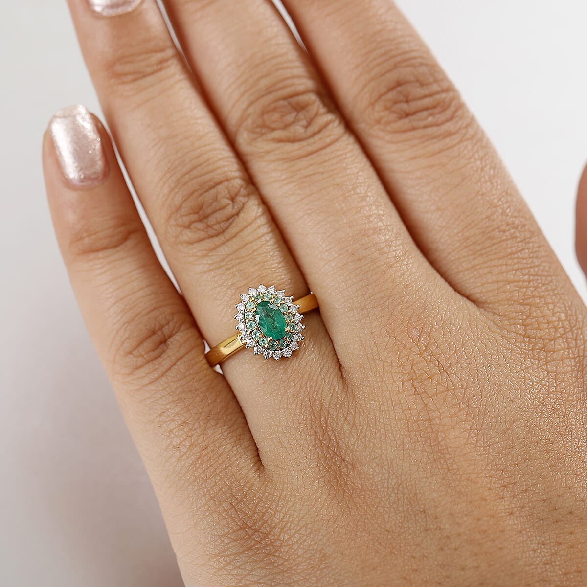 D'Joy Premium Kagem Zambian Emerald, AAA Paraiba Tourmaline and Diamond 0.80 ctw Double Halo Ring in 18K Vermeil Yellow Gold Over Sterling Silver (Size 8.0) (Del. In 12-15 Days) image number 2