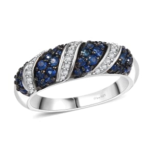 Ceylon Blue Sapphire and Moissanite 1.00 ctw Wave Ring in Rhodium Over Sterling Silver (Size 10.0)