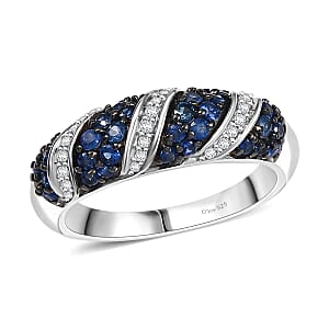 Ceylon Blue Sapphire and Moissanite 1.00 ctw Wave Ring in Rhodium Over Sterling Silver (Size 6.0)