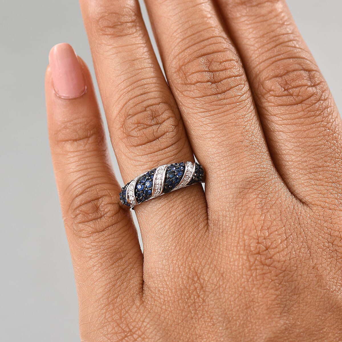 Ceylon Blue Sapphire and Moissanite 1.00 ctw Wave Ring in Rhodium Over Sterling Silver (Size 6.0) image number 2